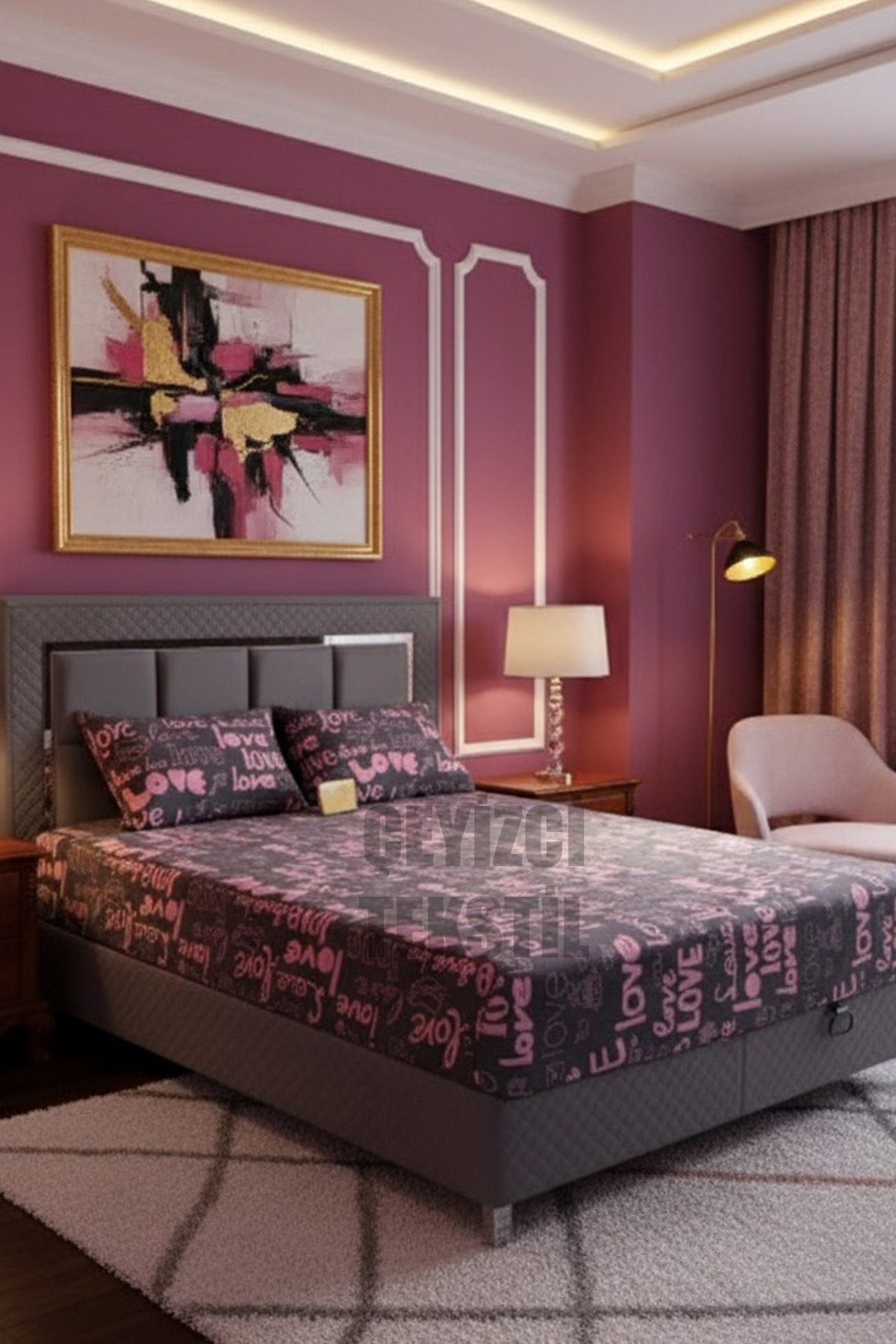 Çift Kişilik Lastikli Çarşaf Seti + 2 Adet Yastık Kılıfı 160x200cm Love Desen