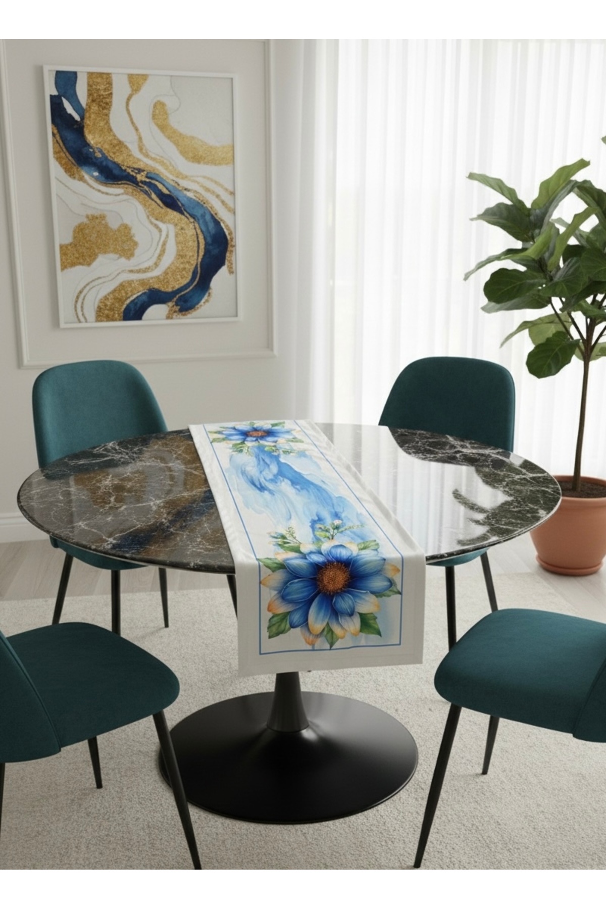 Digital Baskılı Gazania Çiçeği Desenli Dekoratif Masa Runner