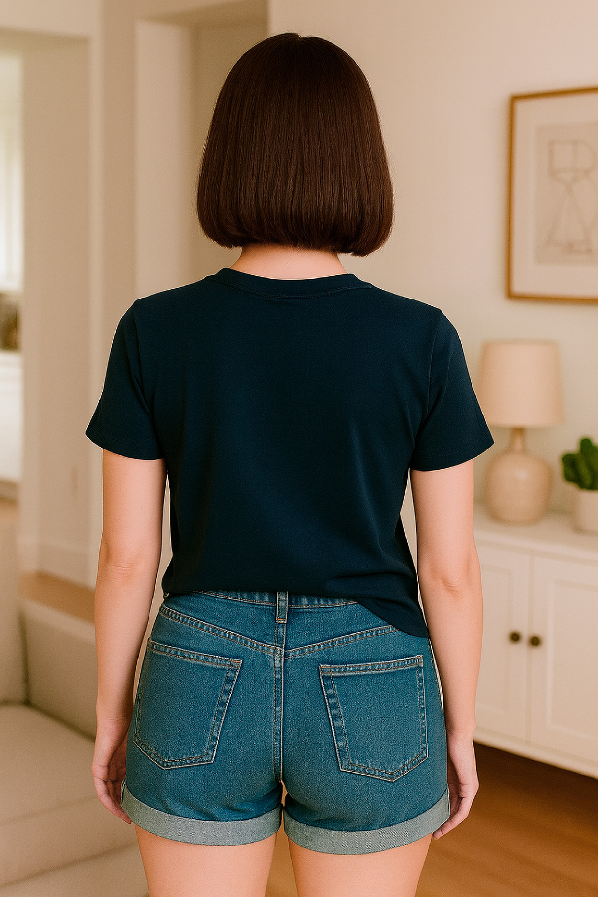 Kadın Lacivert Tişört Renkli Çizim Portre Baskılı Relaxed Fit – HUBERY