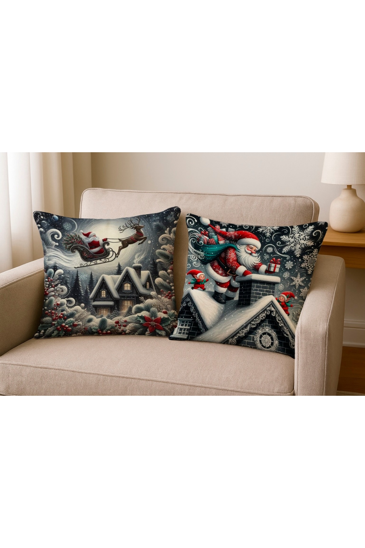 Digital Baskılı Christmas Desenli Dekoratif Kırlent Kılıfı 2'li Set