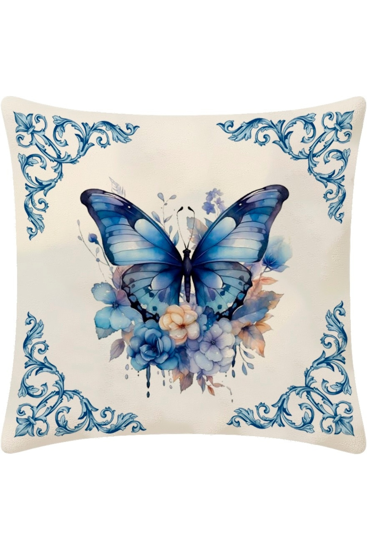 Digital Baskılı Mavi Kelebek ve Çiçek Desenli Kırlent Kılıfı 2’li Set- 43x43 cm