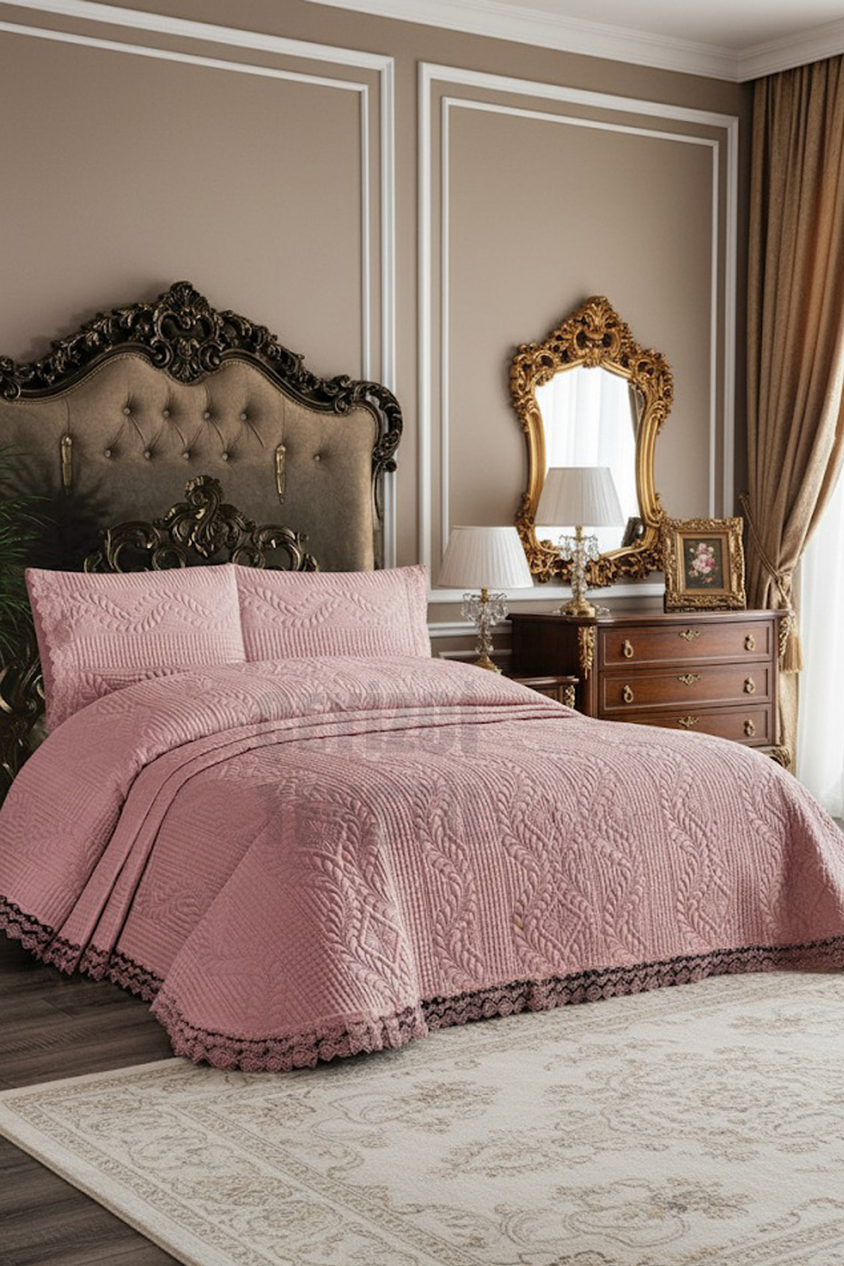 Bade Çift Kişilik Yatak Örtüsü, Yatak Takımı - Pudra (BEDDİNG SET)