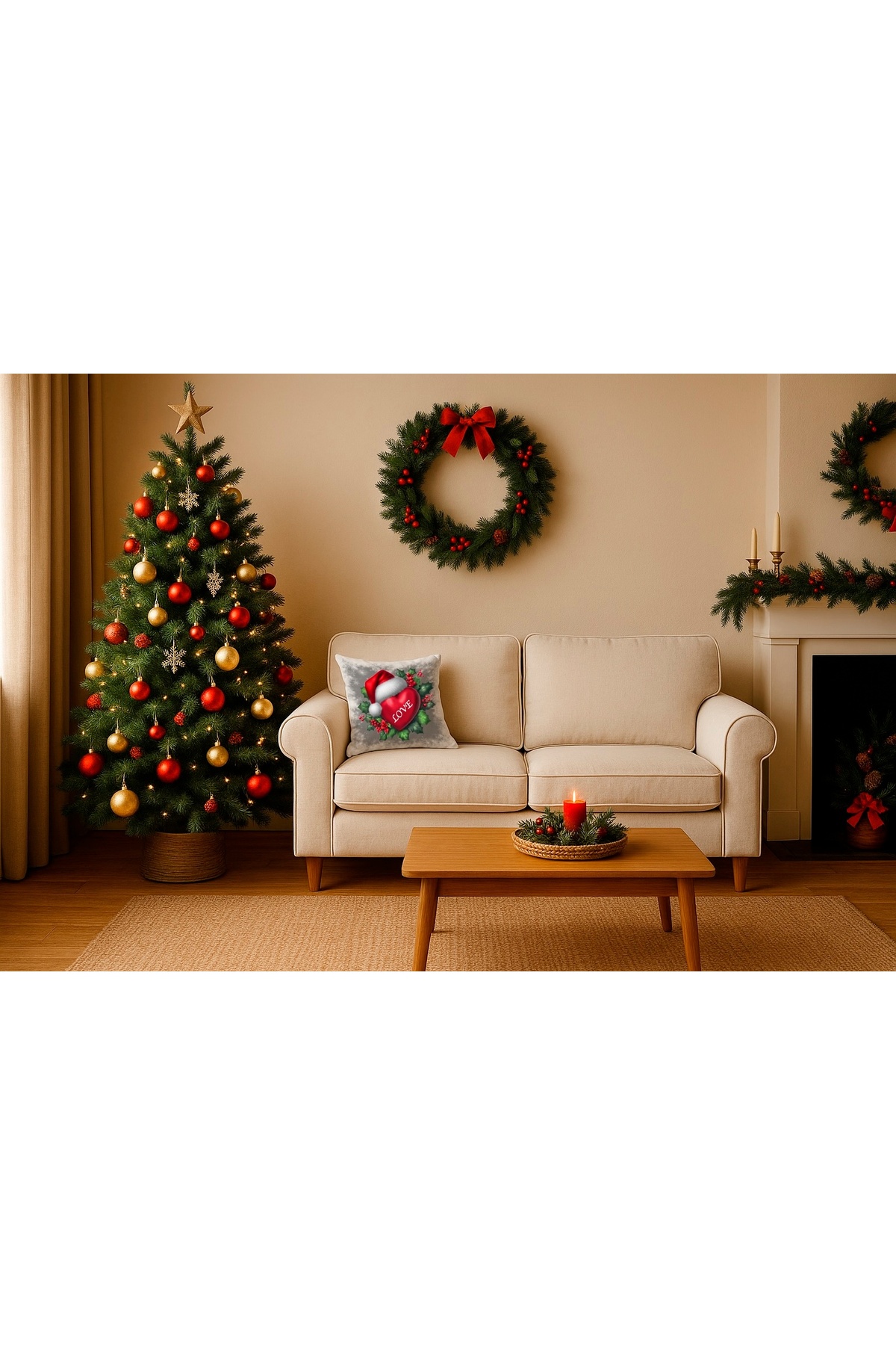 Dijital Baskılı Noel Şapkalı Love Kalp Dekoratif Kırlent Kılıfı