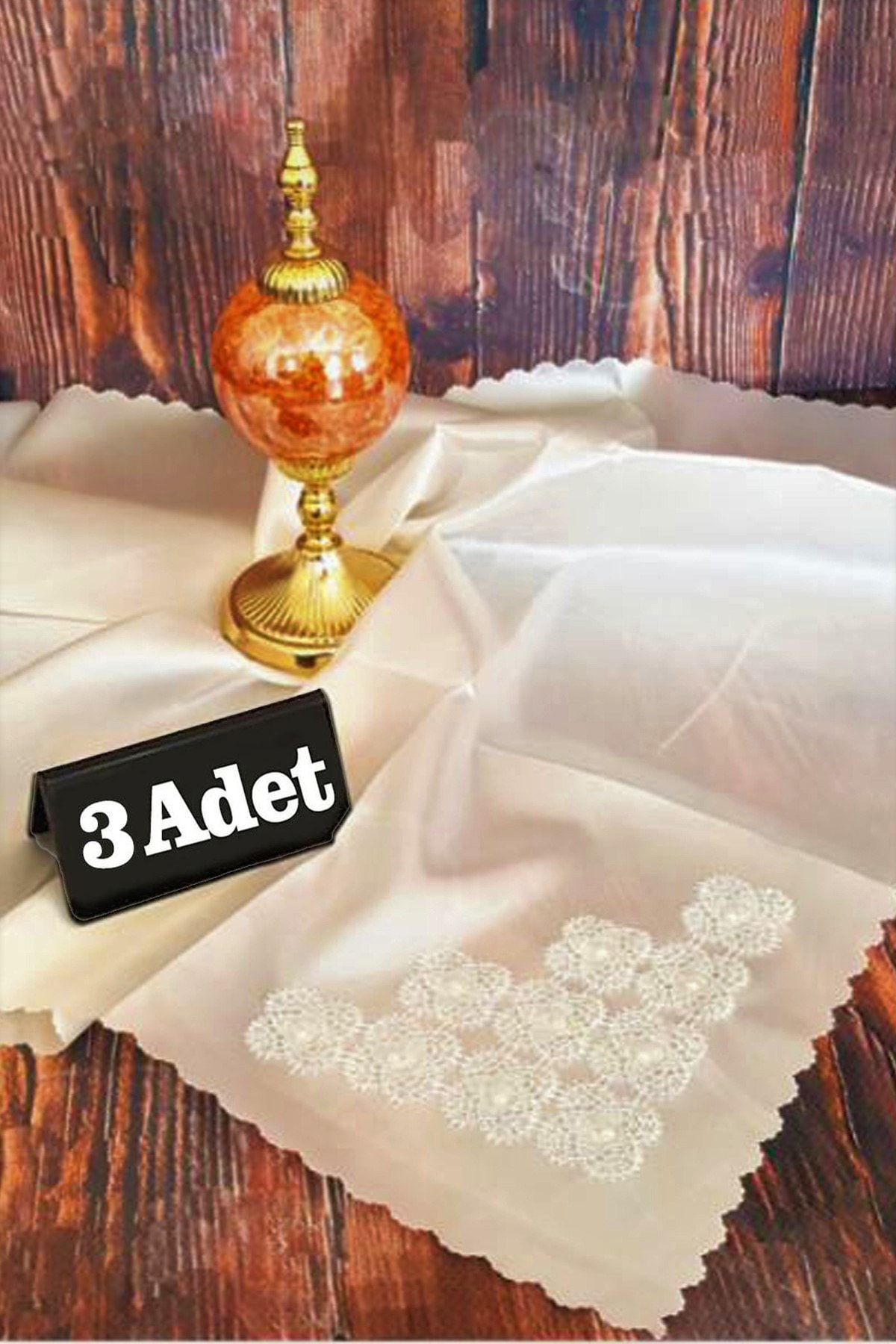 3 Adet Çeyizlik Bohça, Saten Bohça Dantelli Nişan Bohçası - Krem