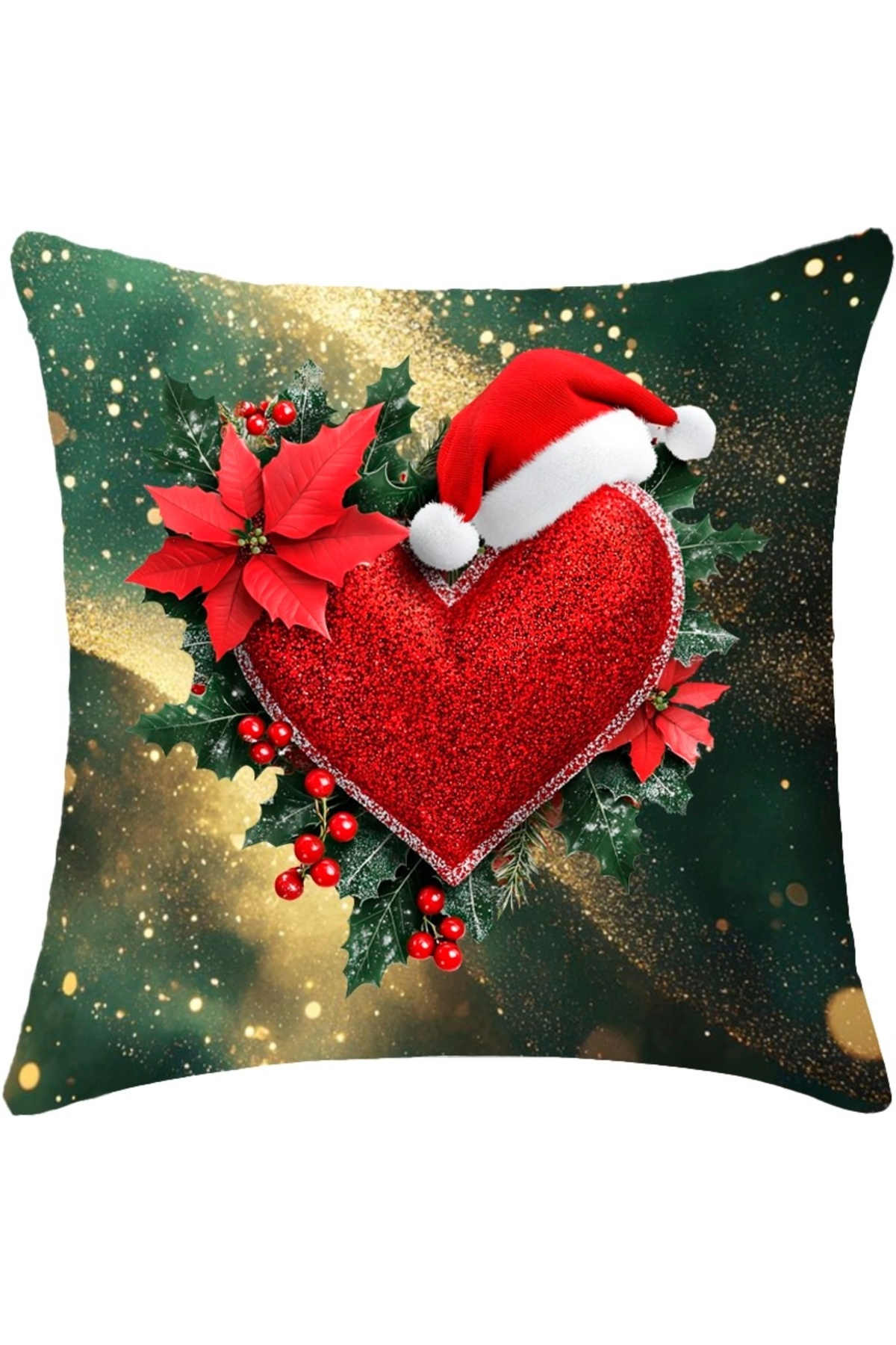 Dijital Baskılı Noel Şapkalı Kırmızı Kalp Dekoratif Kırlent Kılıfı