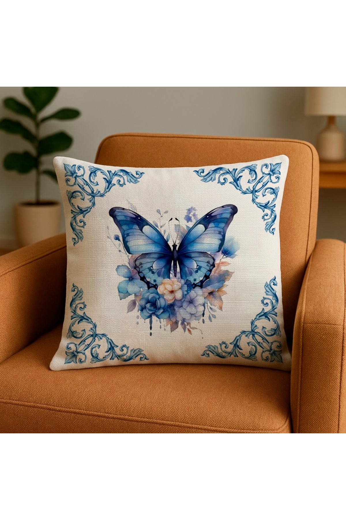 Digital Baskılı Mavi Kelebek ve Çiçek Desenli Kırlent Kılıfı 2’li Set- 43x43 cm