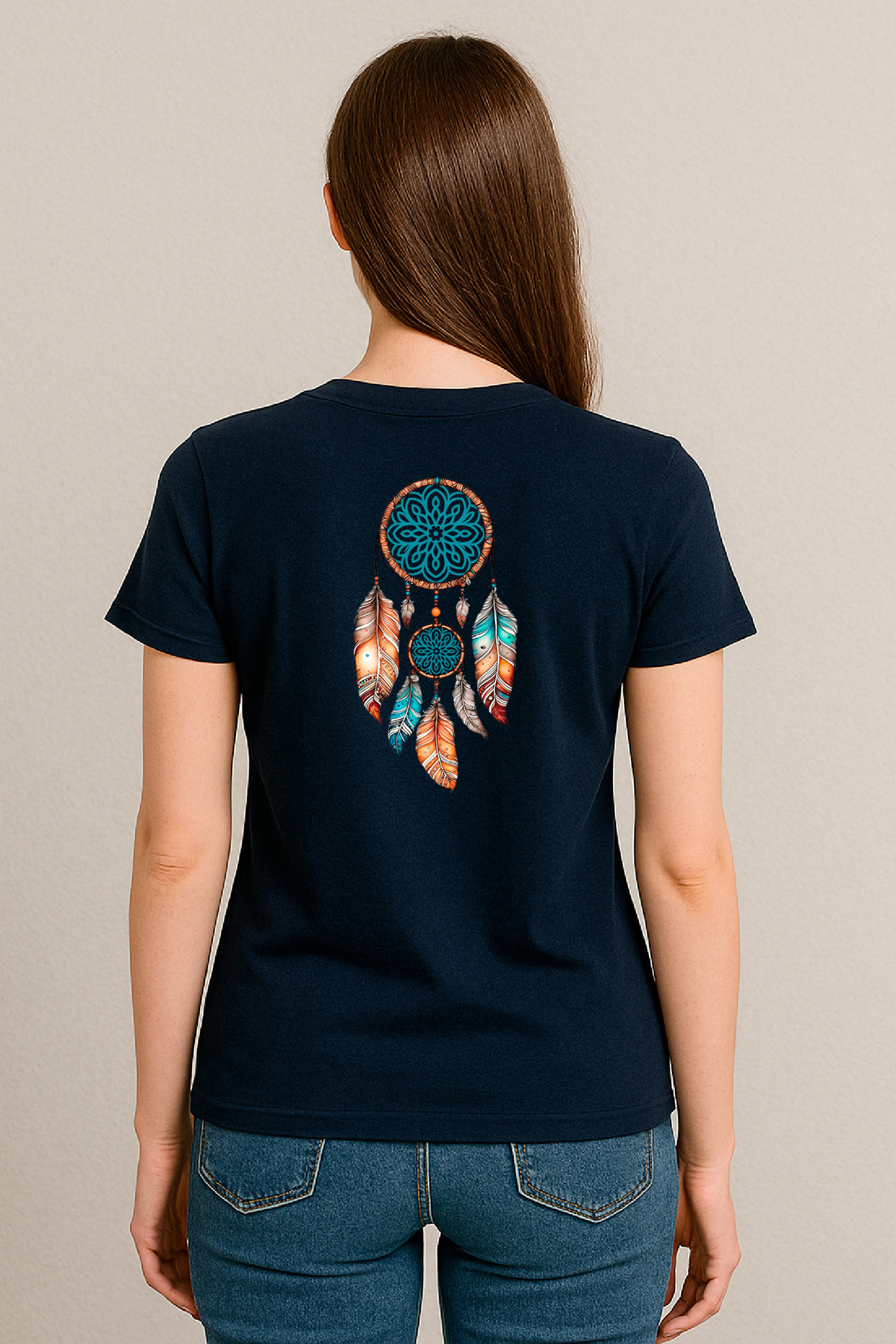 Kadın Relaxed Fit Tişört Mandala Dreamcatcher Baskılı –