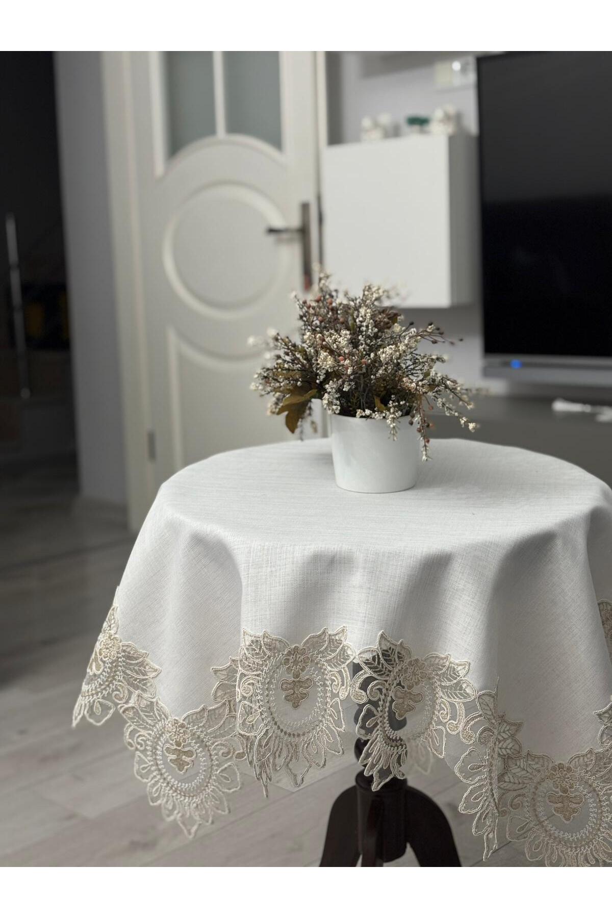 Fransız Dantelli Keten Fiskos, Gardenya Kumaş Fiskos 100x100cm