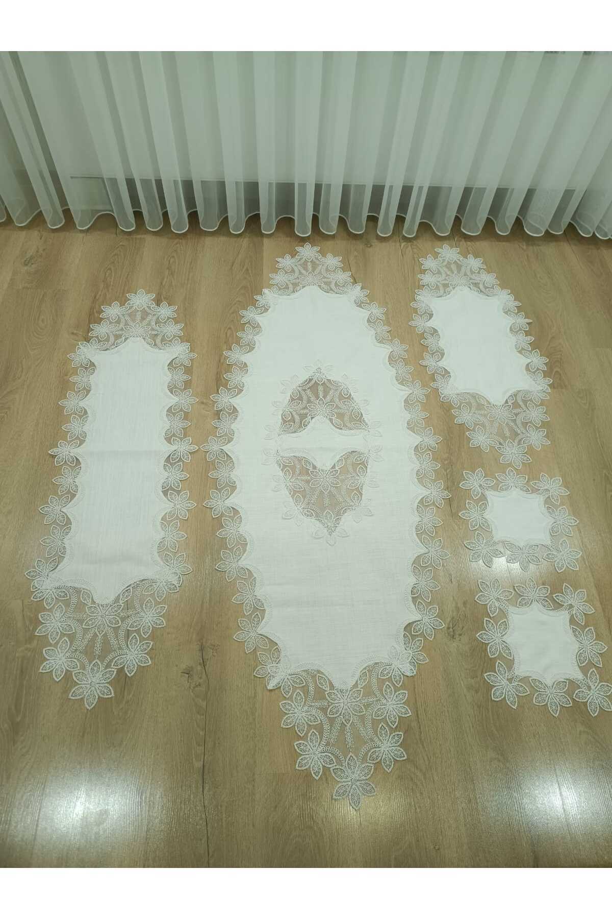 Salon Takımı 5 Parça Dantelli Masa Örtüsü Runner Seti Kadife