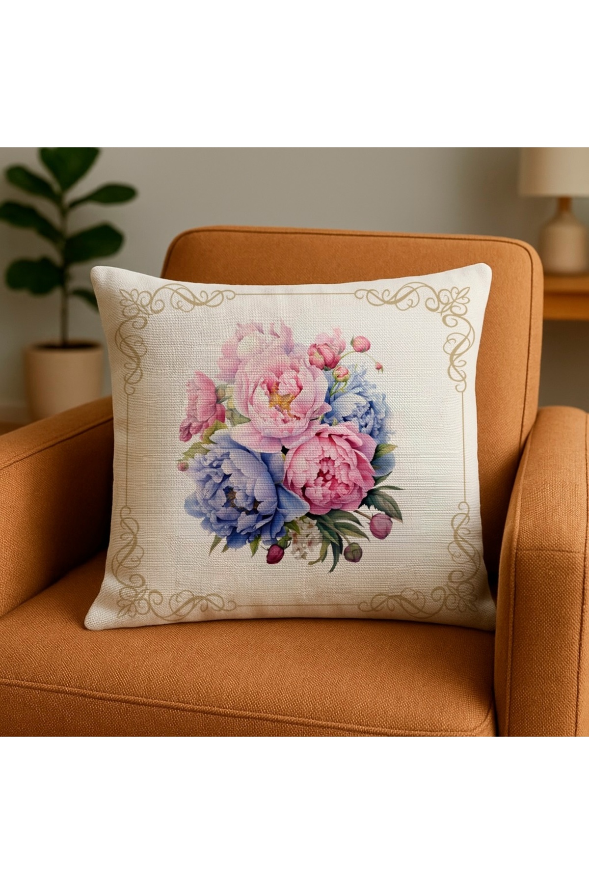 Dijital Baskılı Mavi Şakayık Desenli Dekoratif Kırlent Kılıfı 43x43 cm
