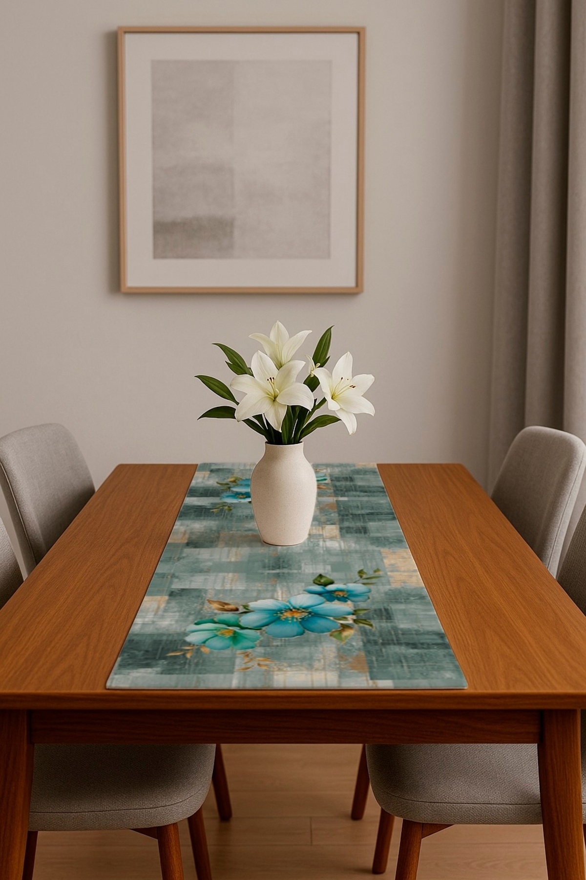 Dijital Baskılı Yeşil Floral Desenli Dekoratif Masa Runner