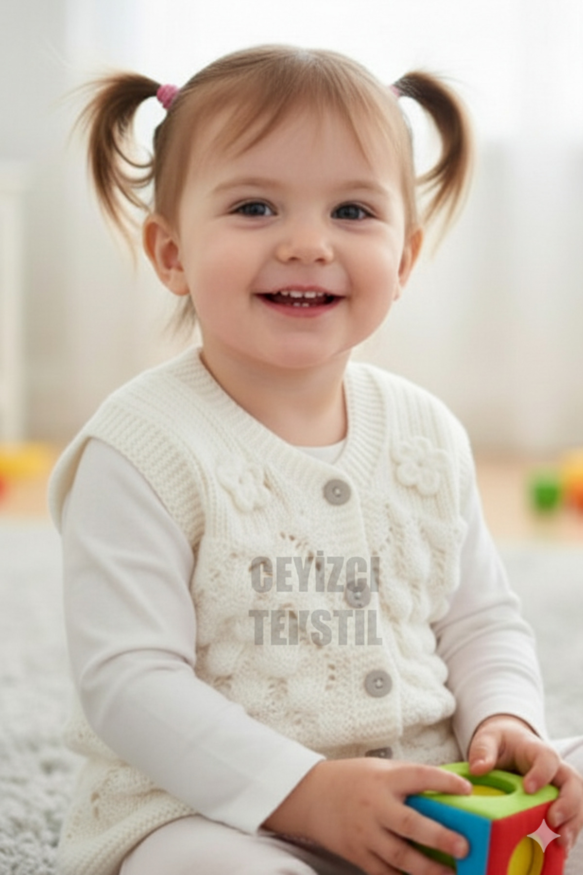 Bebek Yeleği Triko Bebek Yeleği Papatya Desenli Bebe Yeleği Beyaz