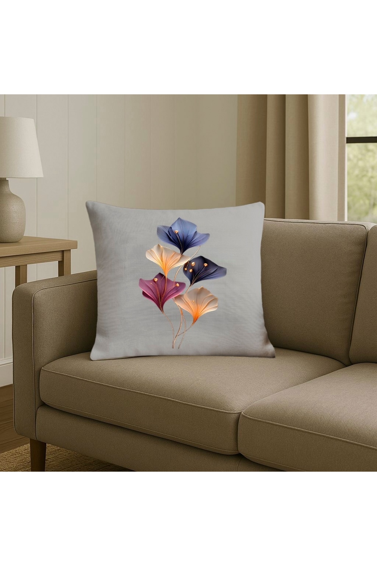 Digital Baskılı Gri Zeminli Soft Çiçek Desenli Dekoratif Kırlent Kılıfı 2’li Set