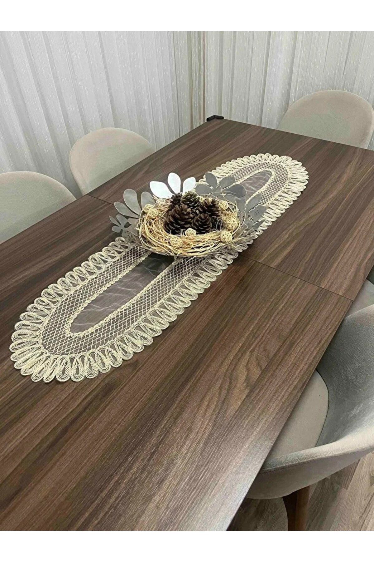Fransız Dantel Detaylı Tek Runner, Masa Üzerine Runner, Masa Örtüsü Runneri