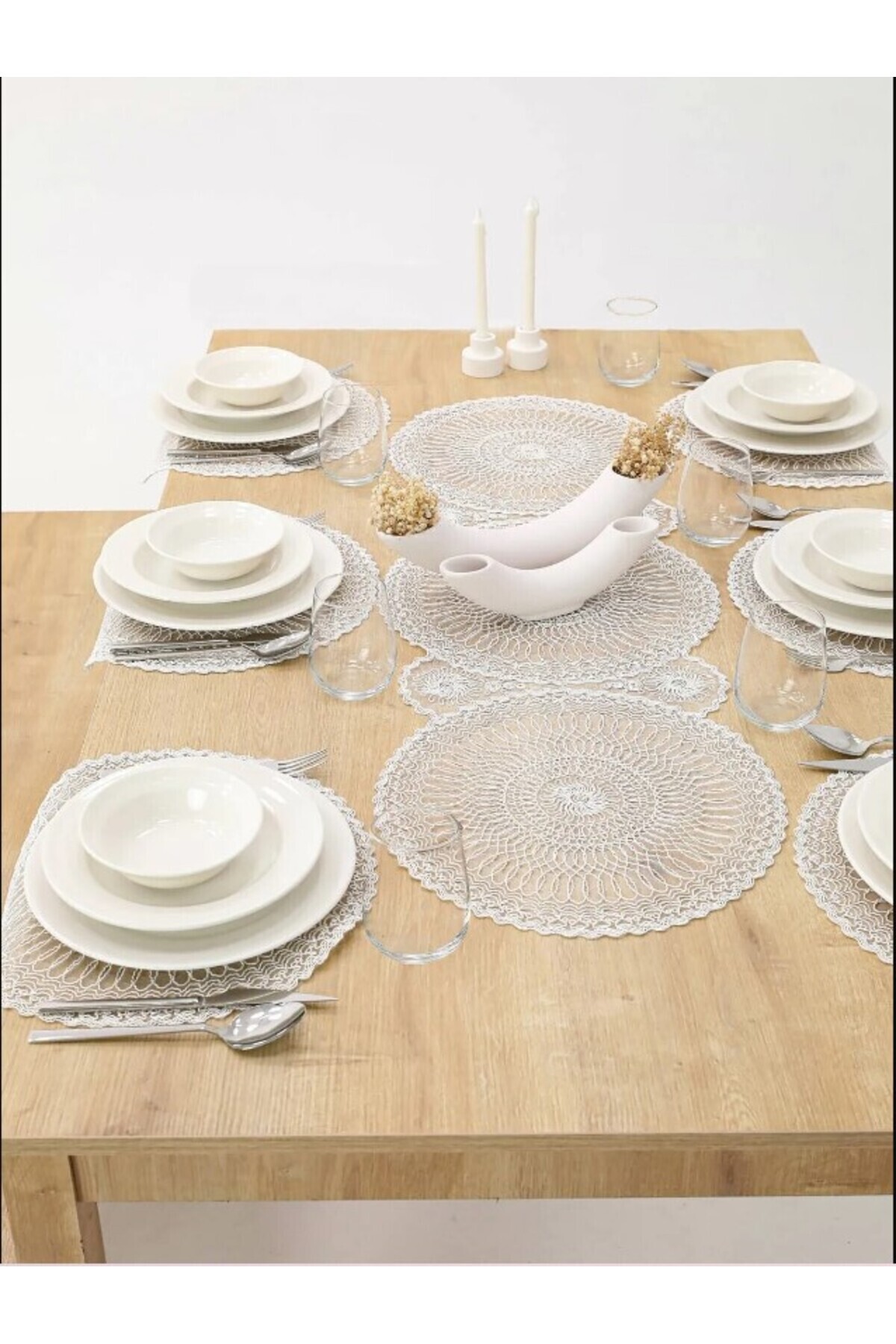 Fransız Dantelli Runner Ve Supla Takımı - 1 Runner, 6 Supla - Krem