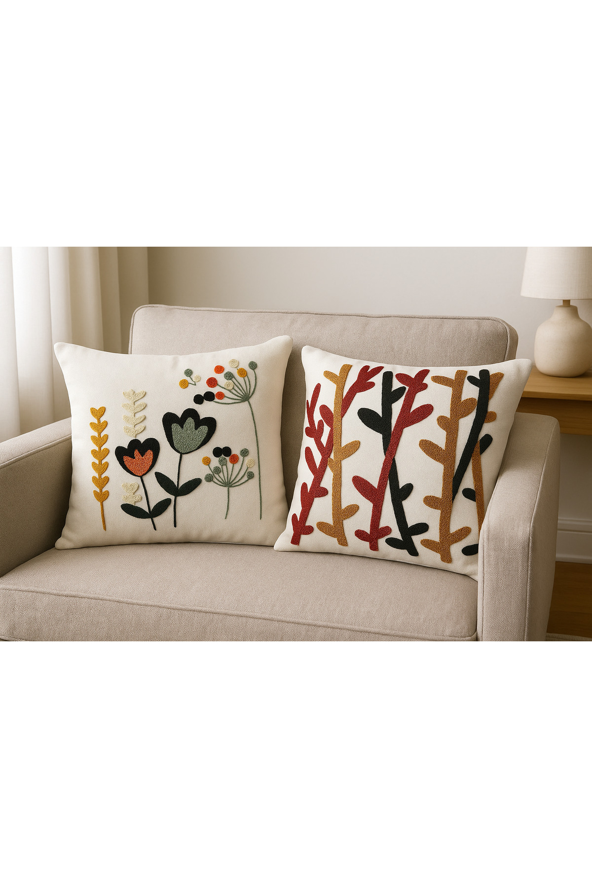 Punch Nakışlı Keten Renkli Çiçek Desenli Kırlent Kılıfı - 43*43 cm -