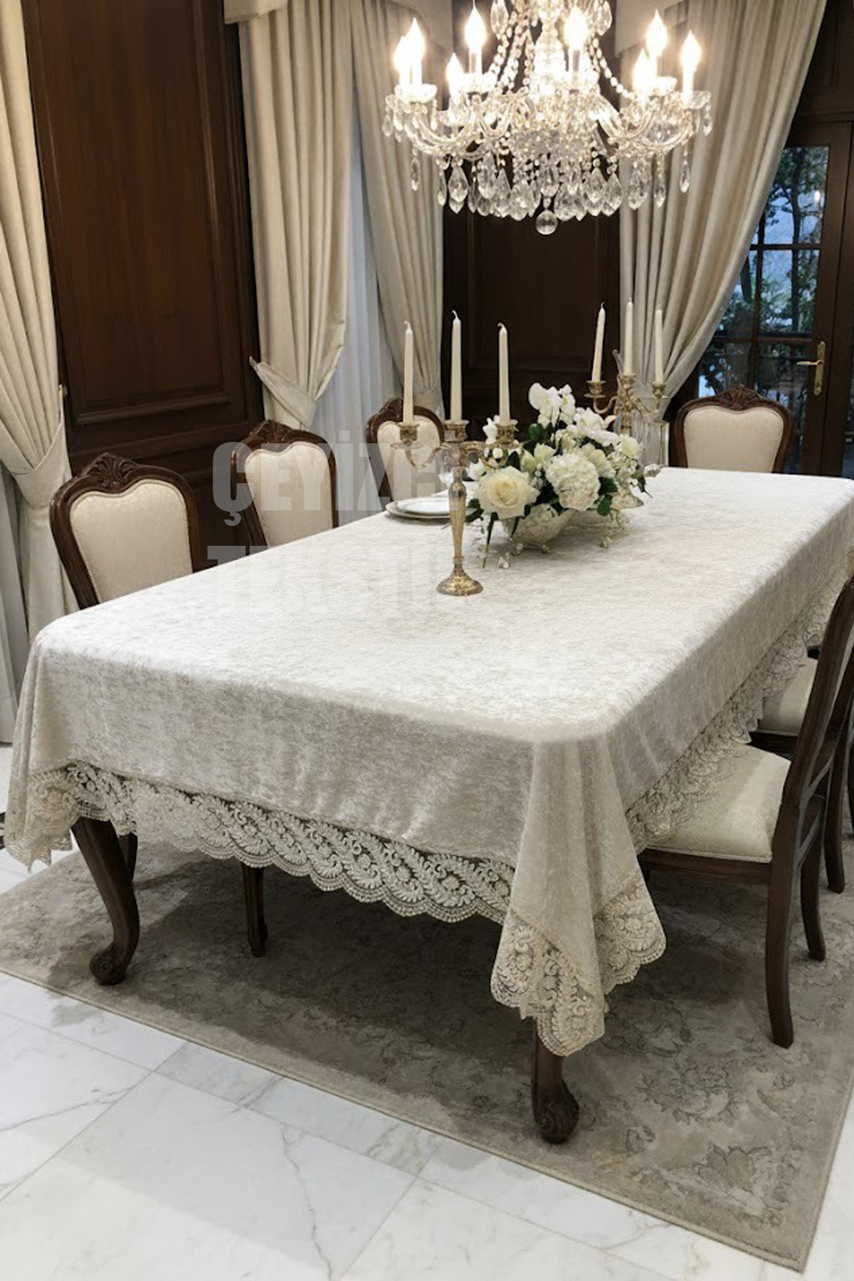 Kadife Tek Masa Örtüsü 160x220cm | Dantelli Yemek Masası Örtüsü 160x220cm Tek Masa