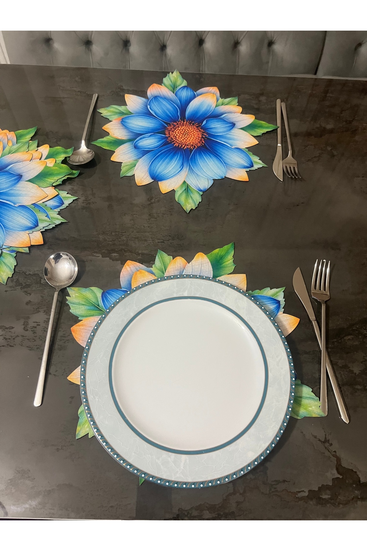 Mavi Gazania Tasarımlı 3D Digital Baskılı Lazer Kesim Detaylı Amerikan Servis & Supla 6 Adet