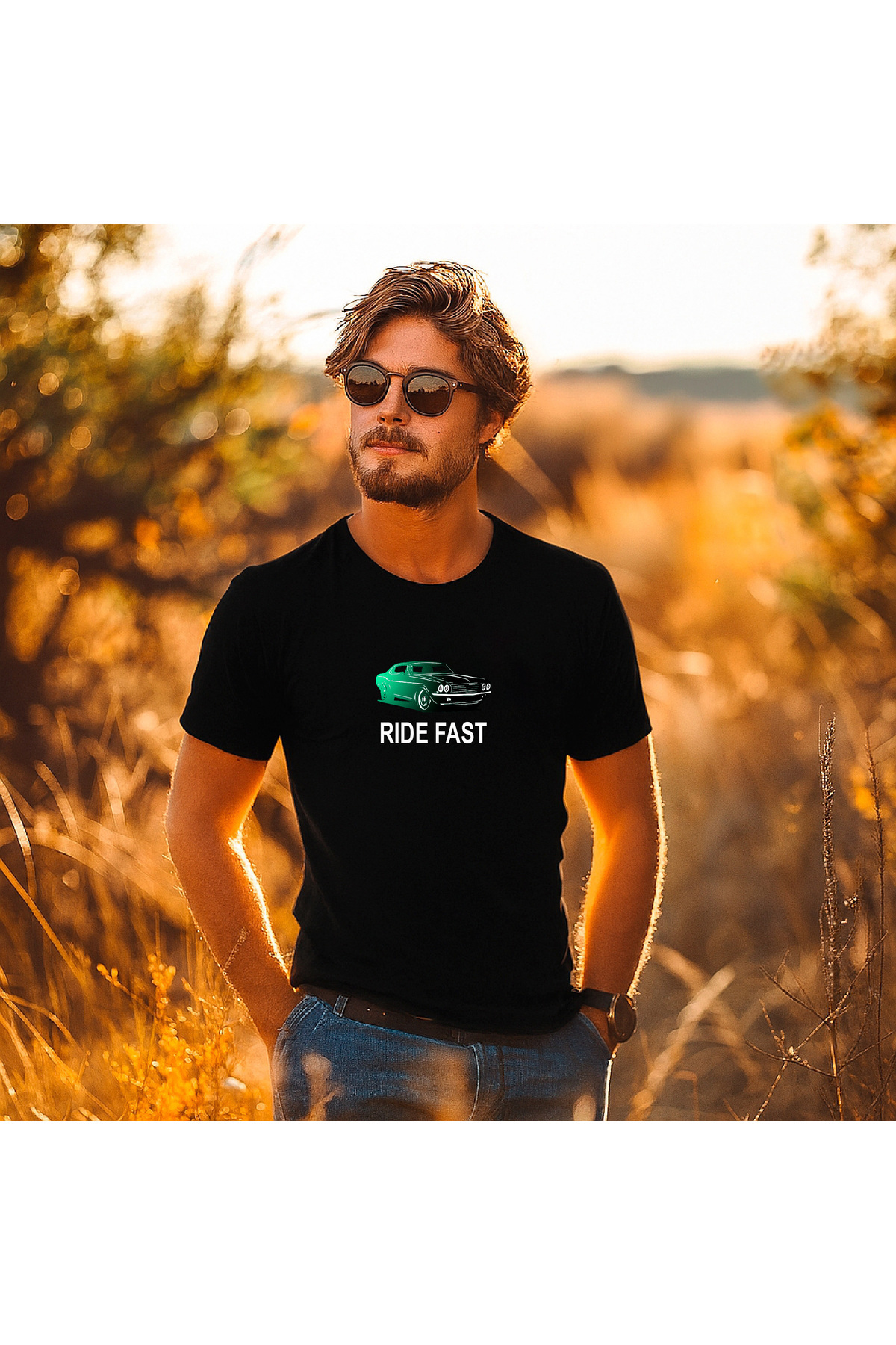 Erkek Tişört - %100 Pamuk - Ride Fast Araba Desenli Tişört - HUBERY