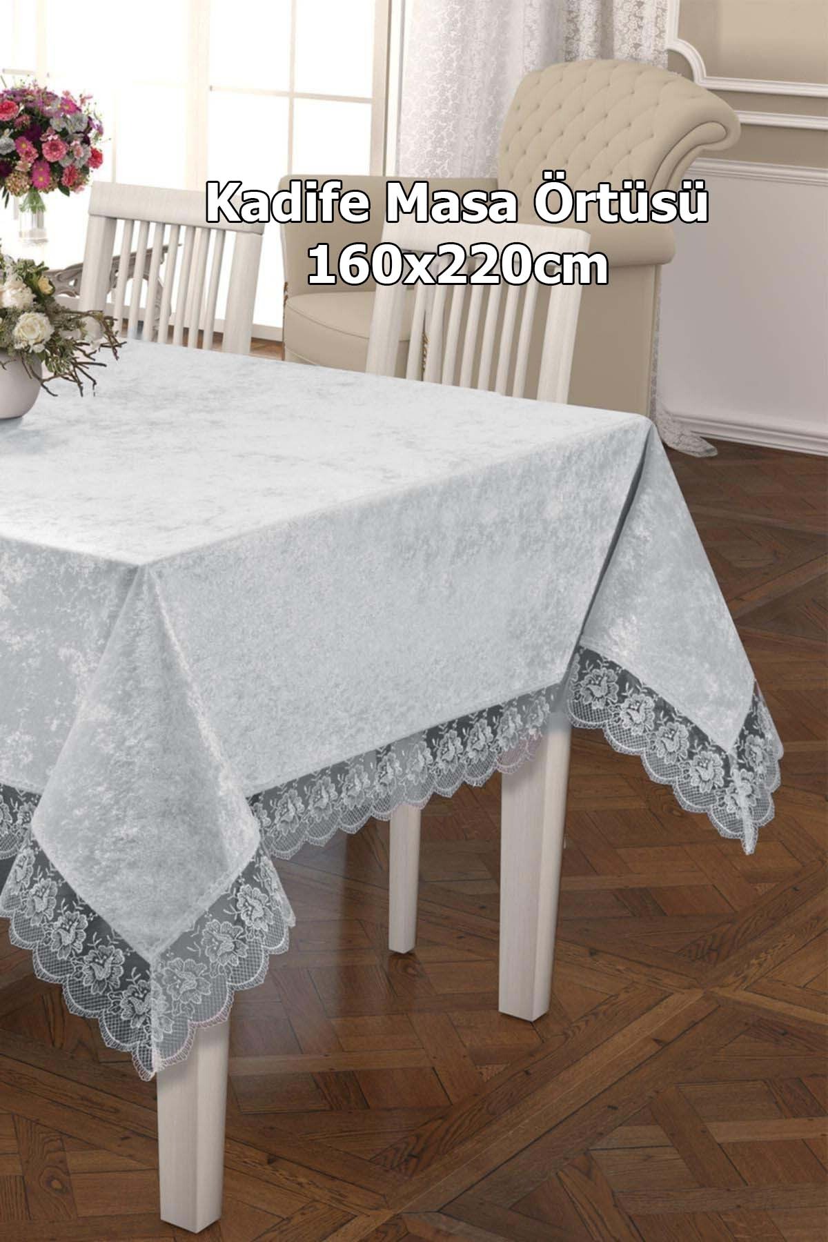 Lüks Kadife Masa Örtüsü, Dantelli Kadife Masa Örtüsü 160x220cm Kadife Masa Örtüsü