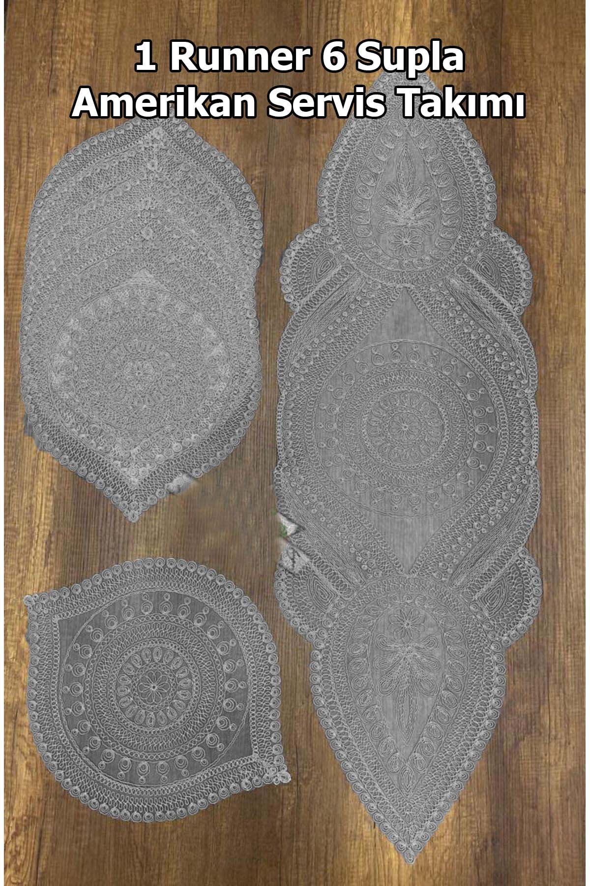 Supla Runner Seti Sunumluk Kordone Nakışlı Modern Amerikan Servis Takımı 6 Kişilik Set