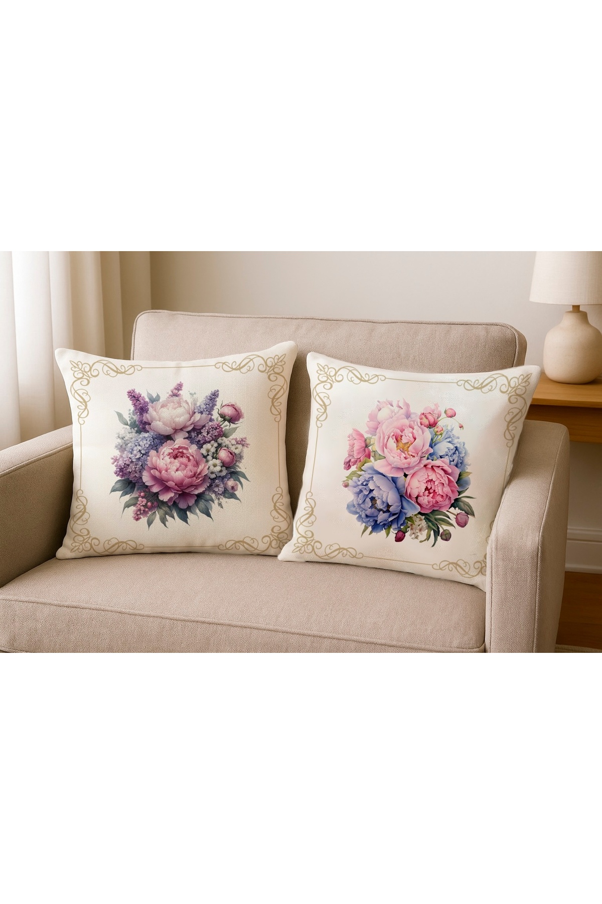 Dijital Baskılı Şakayık Çiçek Desenli Dekoratif Kırlent Kılıfı 43x43 cm