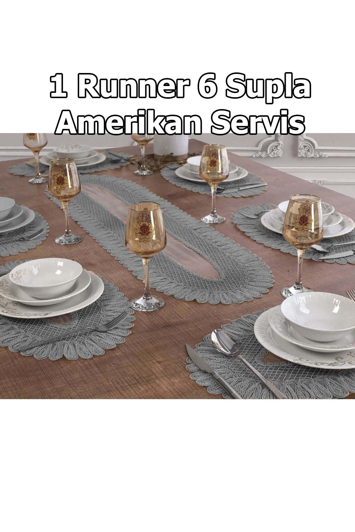 Supla Runner Seti Sunumluk Kordone Nakışlı Modern Amerikan Servis Takımı 6 Kişilik Set