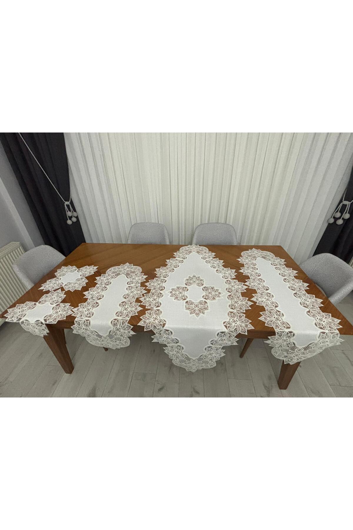 Salon Takımı 5 Parça Dantelli Masa Örtüsü Runner Seti