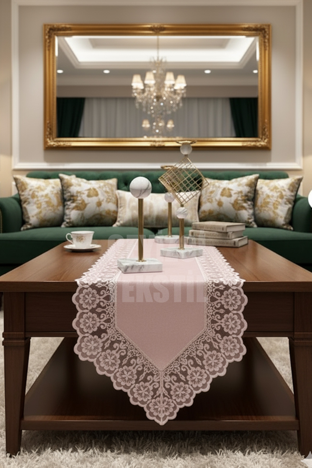 Kadife Dantel Detaylı Pudra Runner (140x40cm)