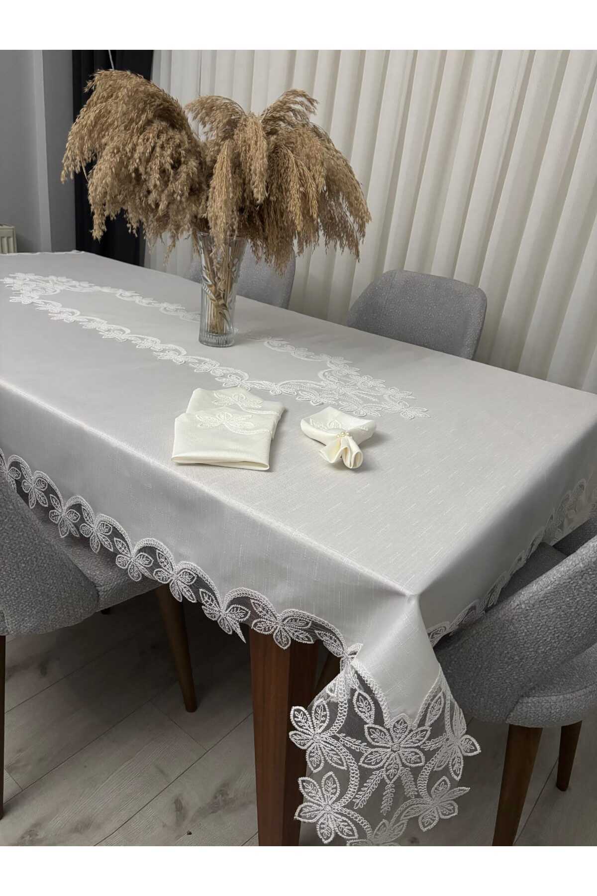 Masa Örtüsü Yemek Takımı 12 Kişilik 26 Parça Fransız Dantelli – Ekru