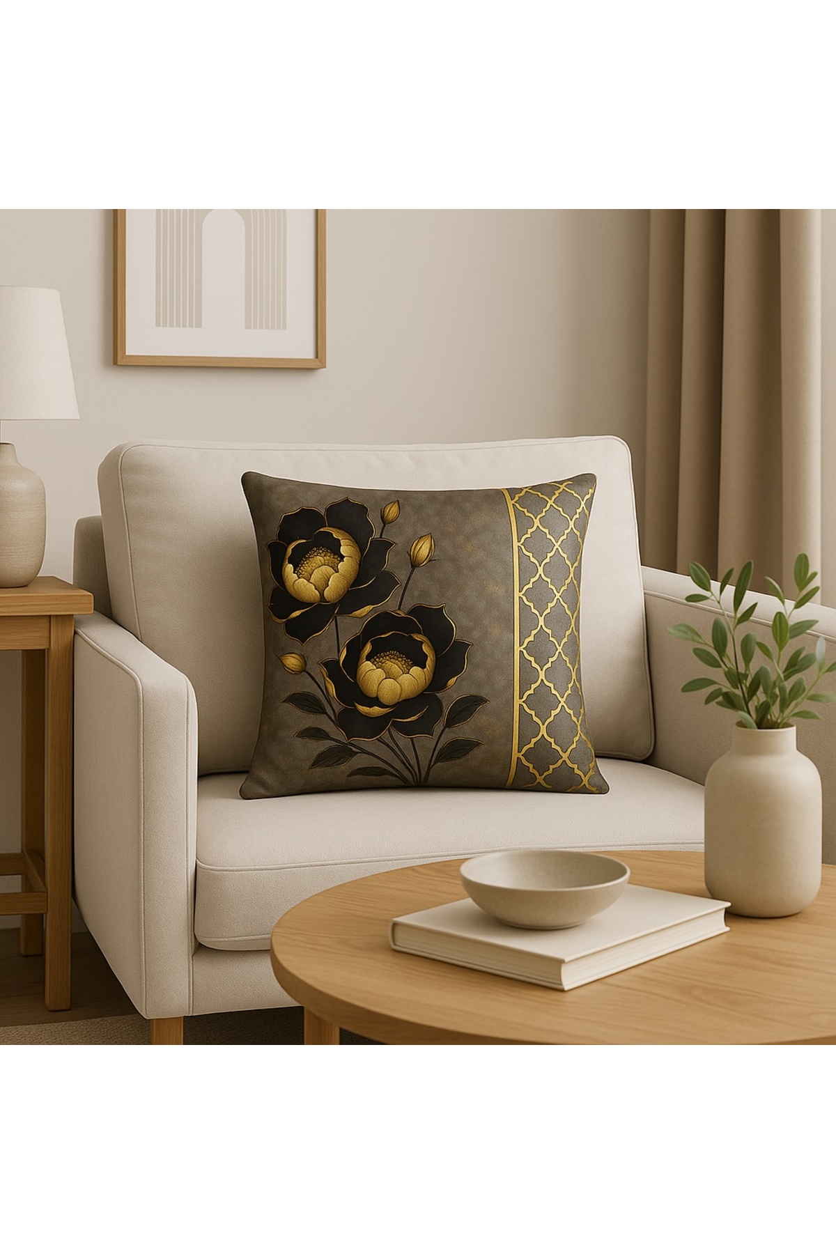 Floral Digital Baskı Desenli Lazer Kesim Deri Detaylı Kırlent Kılıfı