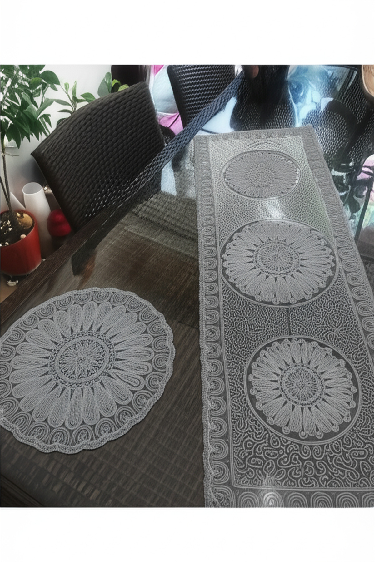 Fransız Dantelli Runner Ve Supla Takımı (1 Runner, 6 Supla) Gri