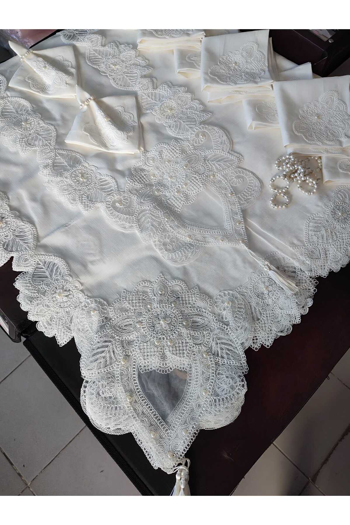 12 Kişilik Masa Örtüsü Takımı, Masa Seti 12 Kişilik 26 Parça 160x220cm Tam Dantel