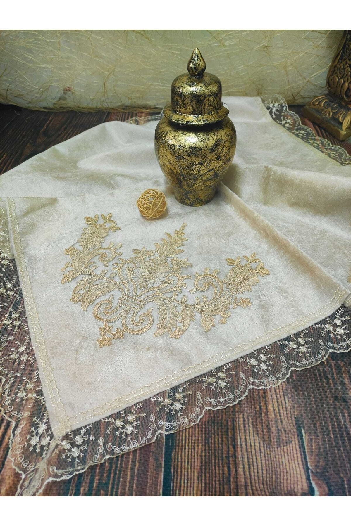 Çeyizlik Bohça, Saten Bohça Dantelli Nişan Bohçası - Kadife Kapuçino Dar Güpür