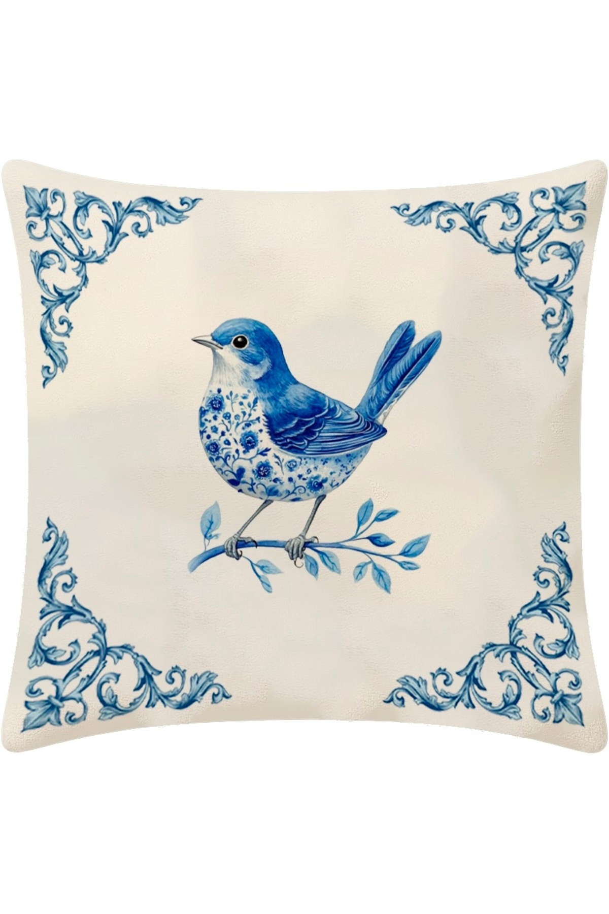 Dijital Baskılı Mavi Kuş Desenli Vintage Kırlent Kılıfı 43x43 cm