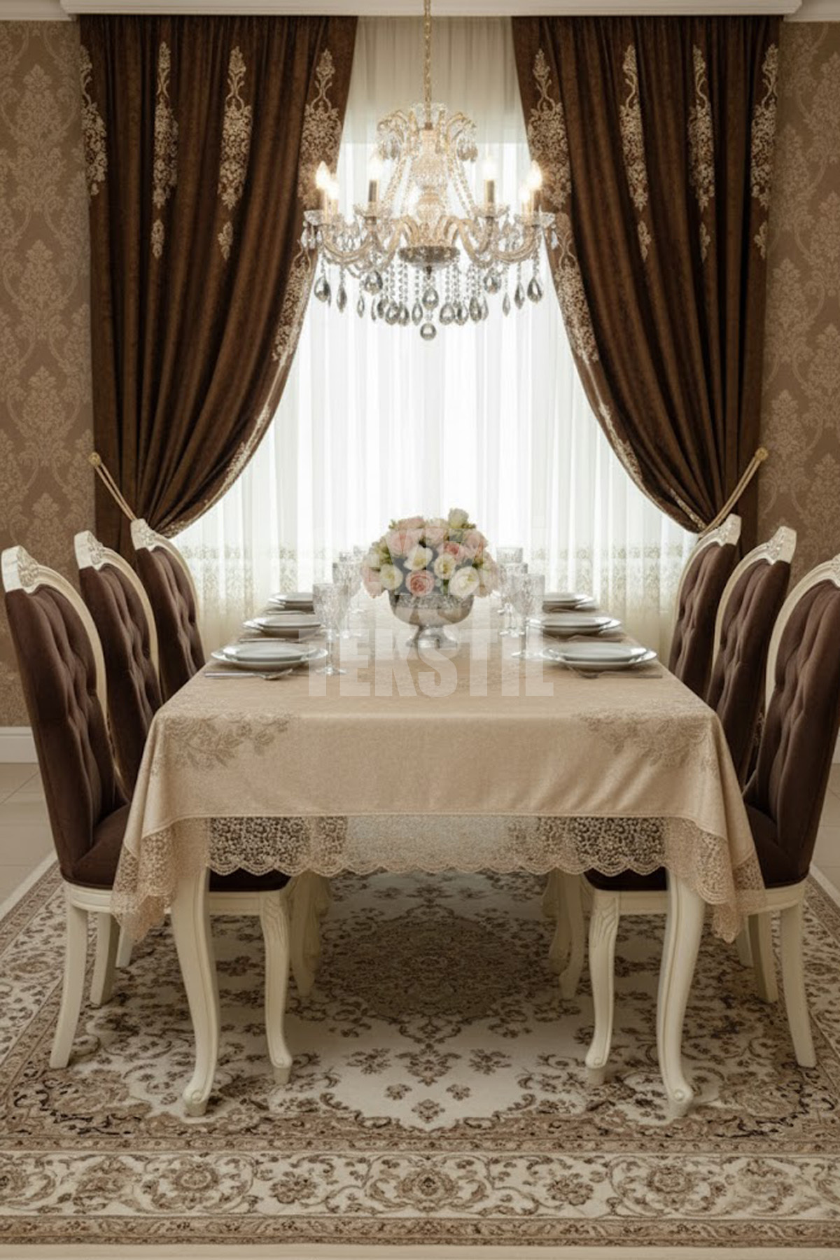 Kadife Tek Masa Örtüsü 160x220cm | Dantelli Yemek Masası Örtüsü 160x220cm Tek Masa