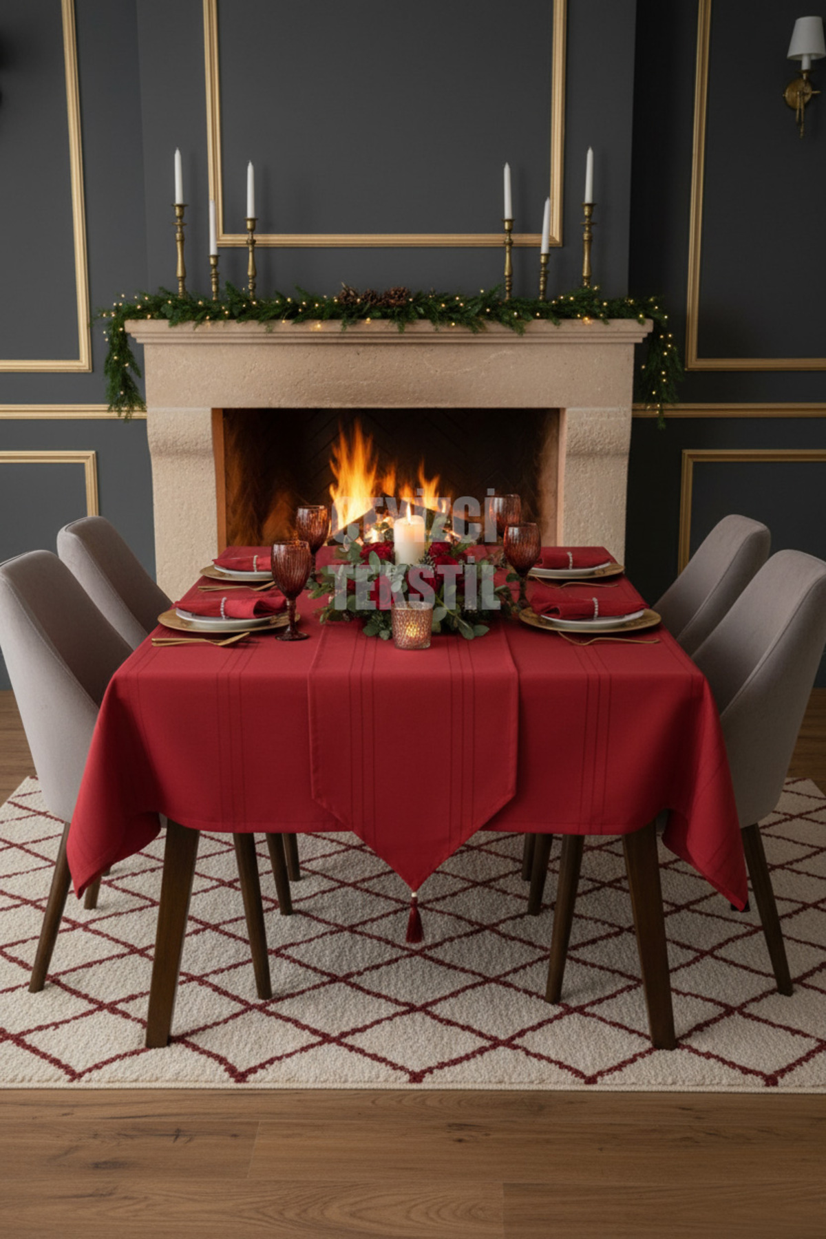 Çizgili 12 Kişilik 26 Parça Masa Örtüsü, Kırmızı Noel Masa Örtüsü, Chrismis Tablecloth