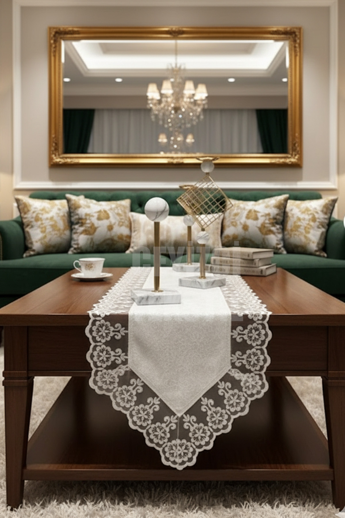 Kadife Dantel Detaylı Krem Runner (140x40cm)