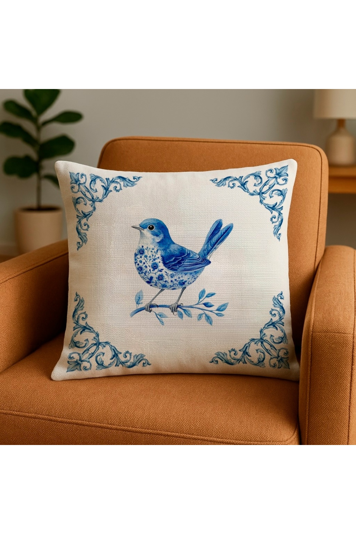 Dijital Baskılı Mavi Kuş Desenli Vintage Kırlent Kılıfı 43x43 cm
