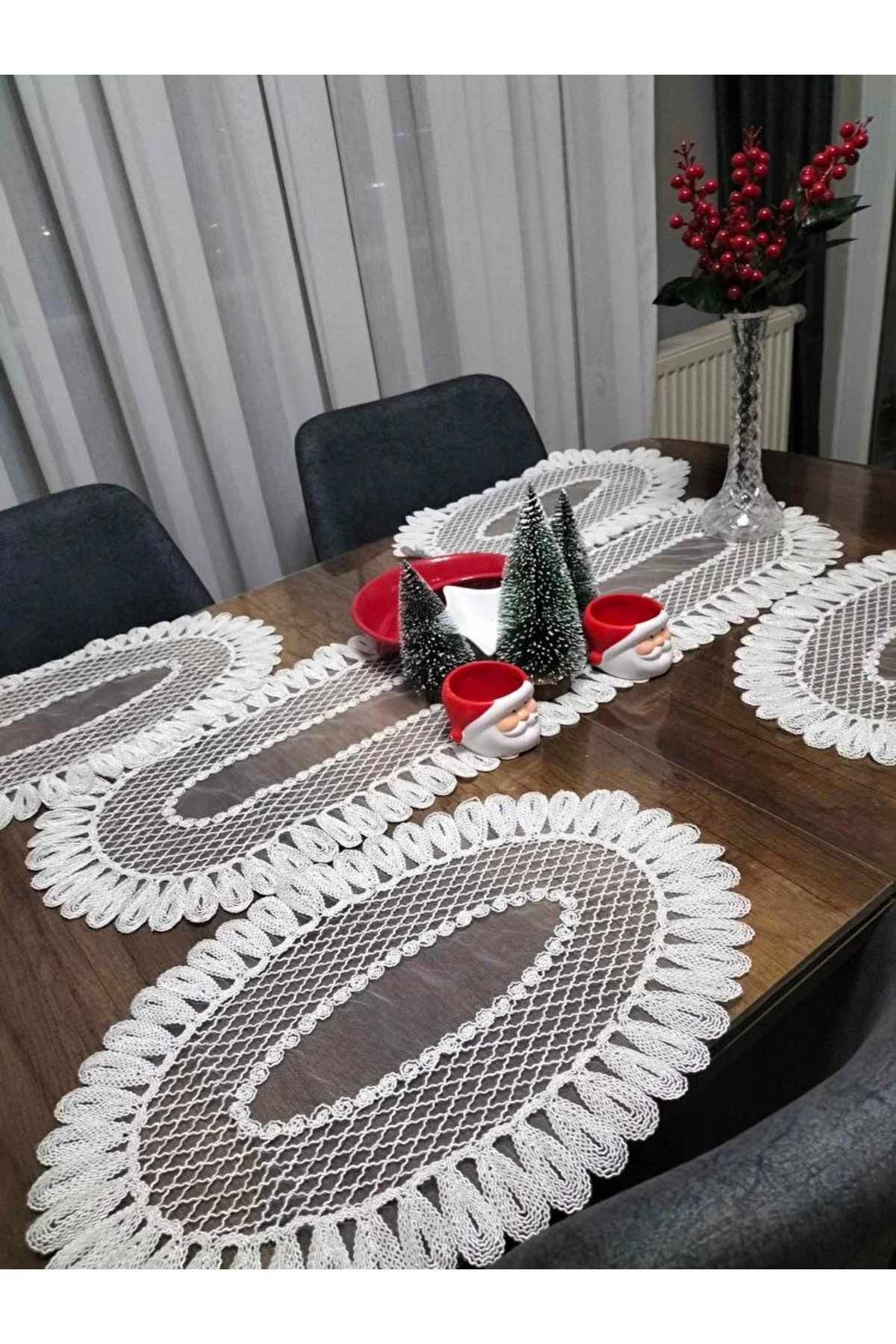 Amerikan Servis, 1 Runner 6 Supla Krem Yemek Servis Takımı, Masa Örtüsü Seti, Servis Sunum Seti