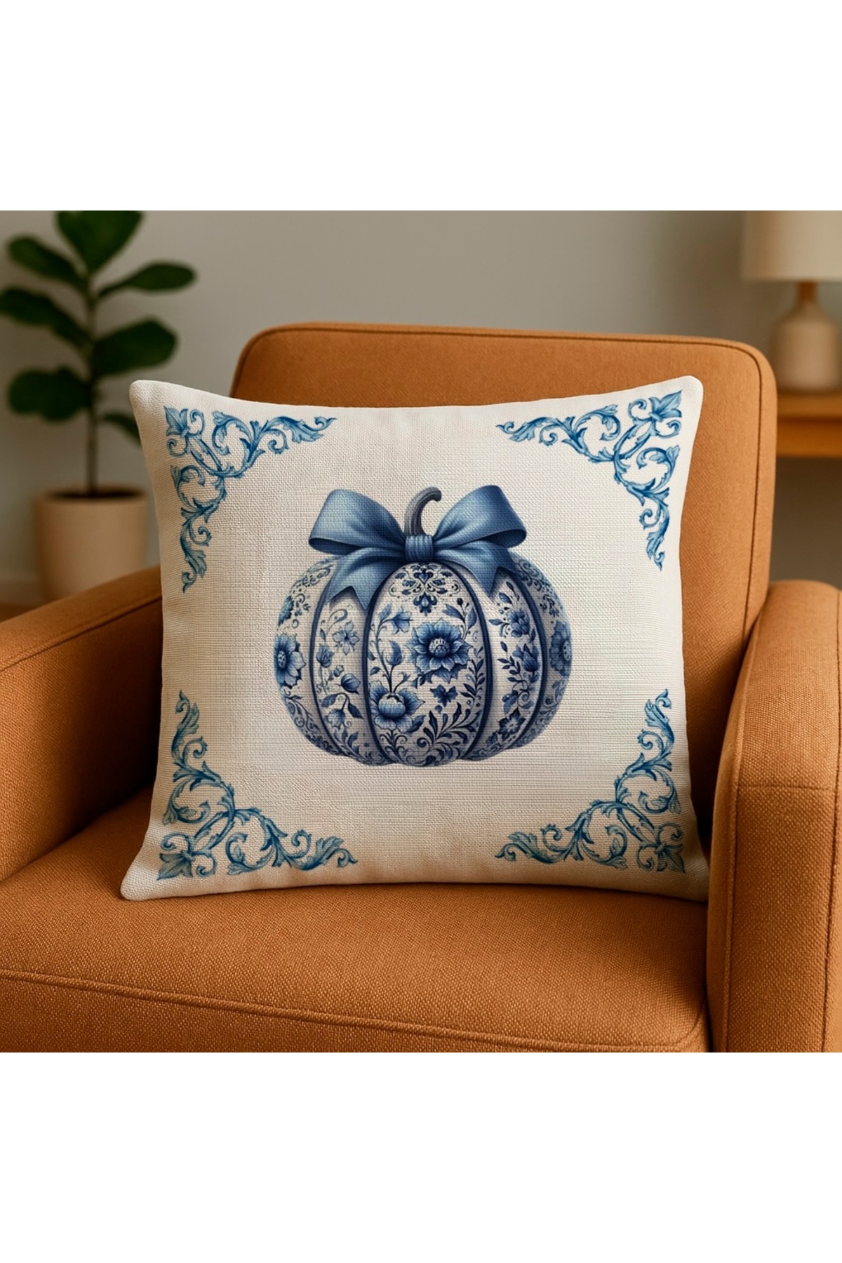 Bal Kabağı Desenli Dijital Baskılı Kırlent Kılıfı 43x43 cm