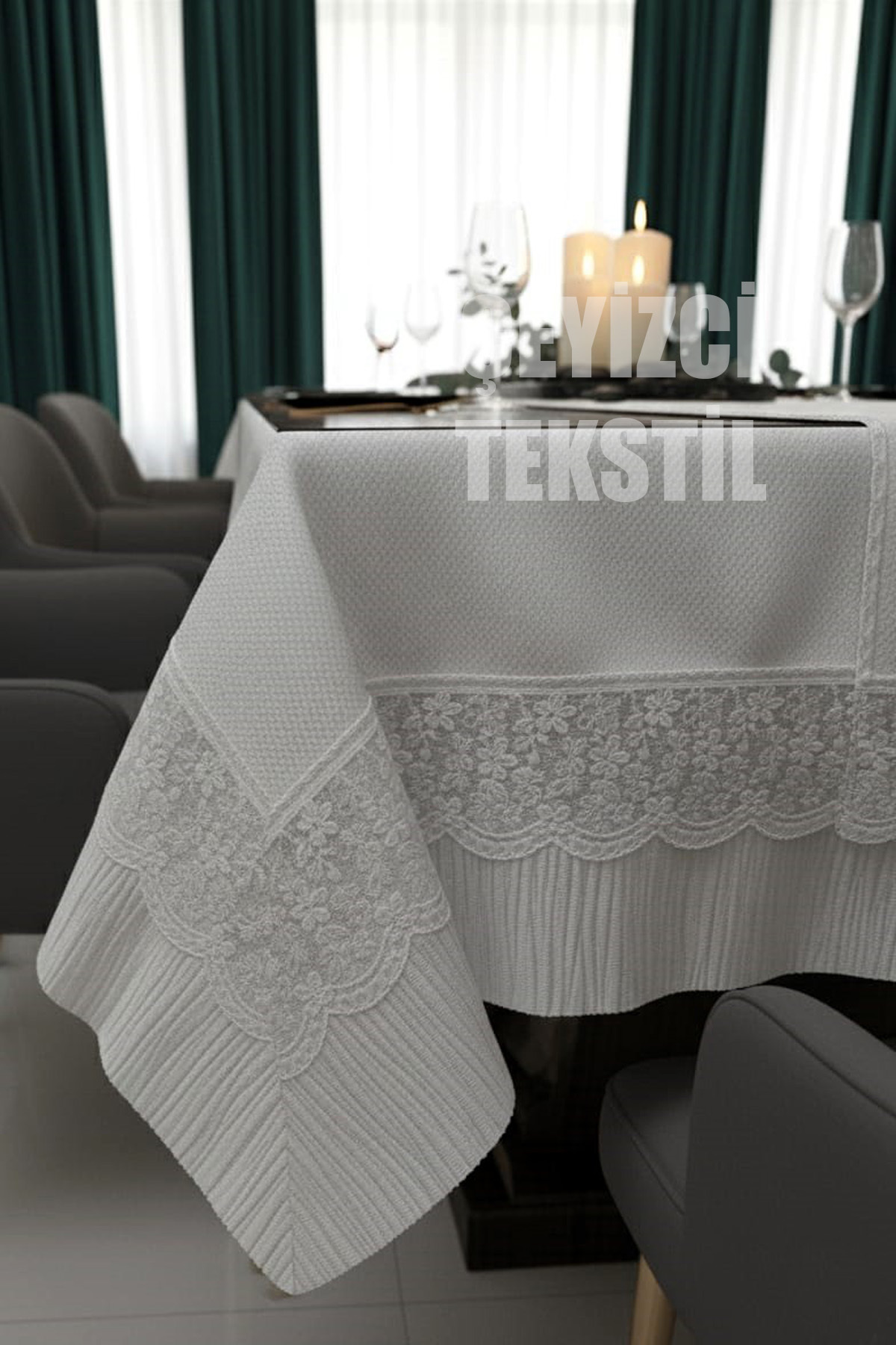 Dertsiz Tek Masa Örtüsü 160x220cm | Dantelli Yemek Masası Örtüsü 160x220cm Tek Masa