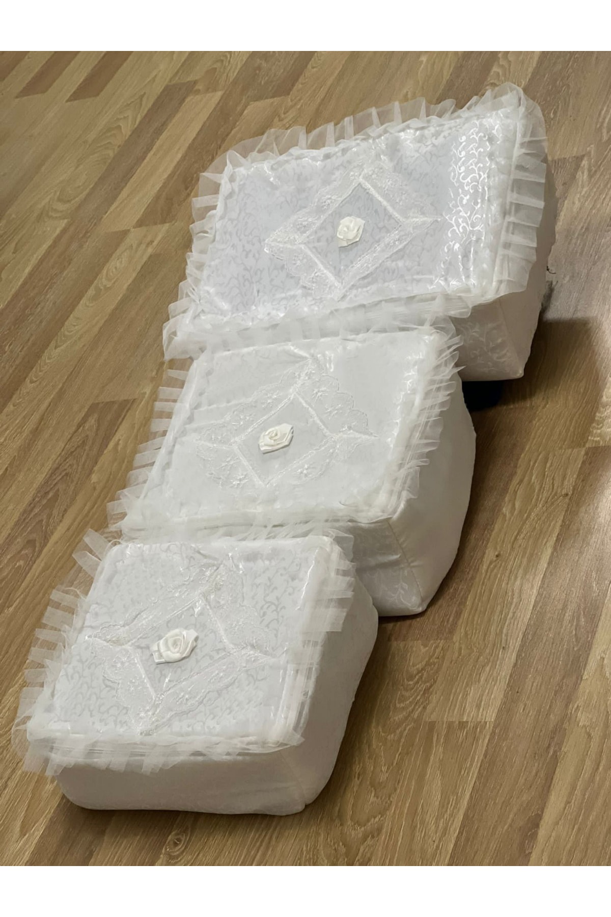 Çeyizlik Figürlü Desenli Kumaş Krem 3lü Bohça, Nişan Gelin Damat Hurcu 3lü