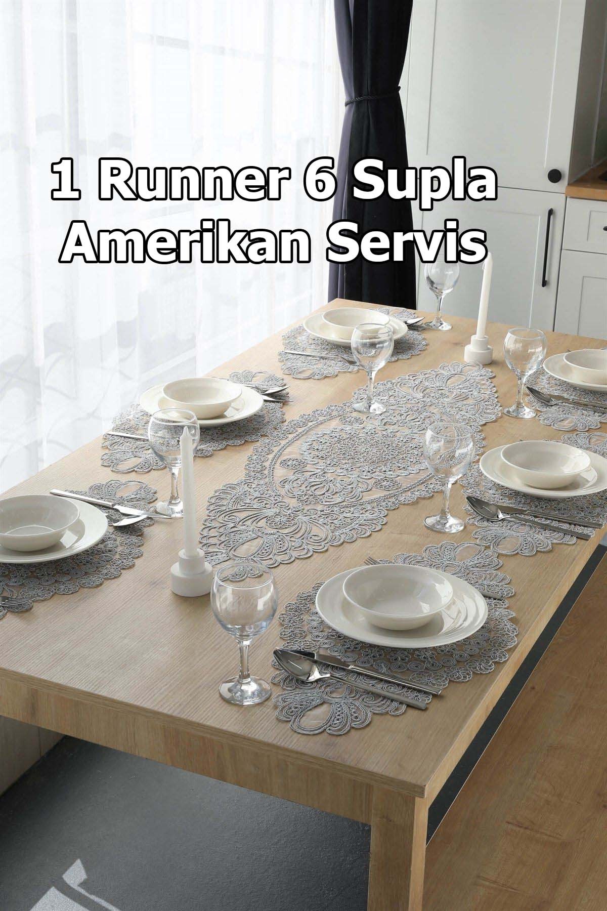 Amerikan Servis, 1 Runner 6 Supla Yemek Servis Takımı, Masa Örtüsü Seti, Servis Sunum Seti