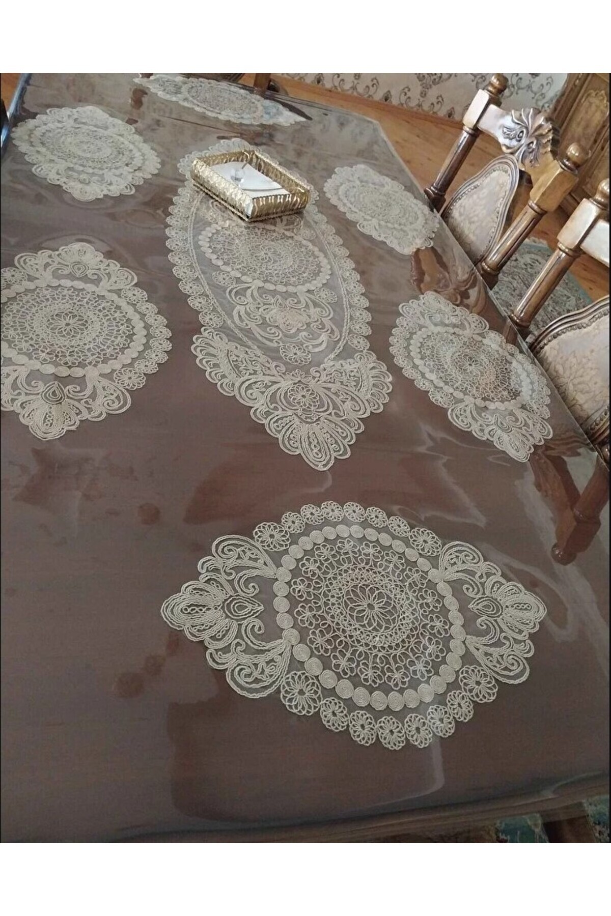 Amerikan Servis, 1 Runner 6 Supla Krem Yemek Servis Takımı, Masa Örtüsü Seti, Servis Sunum Seti