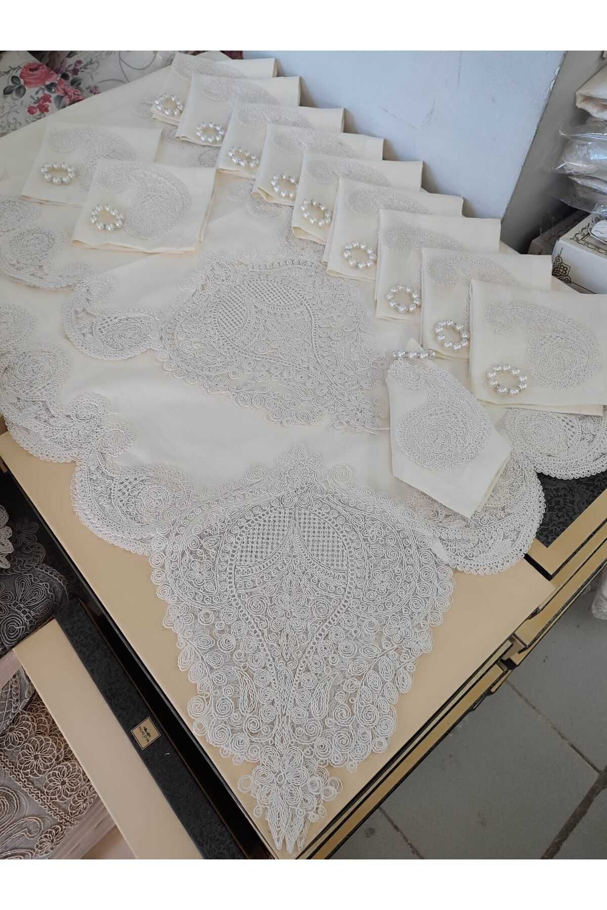 Salkım Masa Örtüsü 12 Kişilik Linen Kumas Krem Sofra Takımı