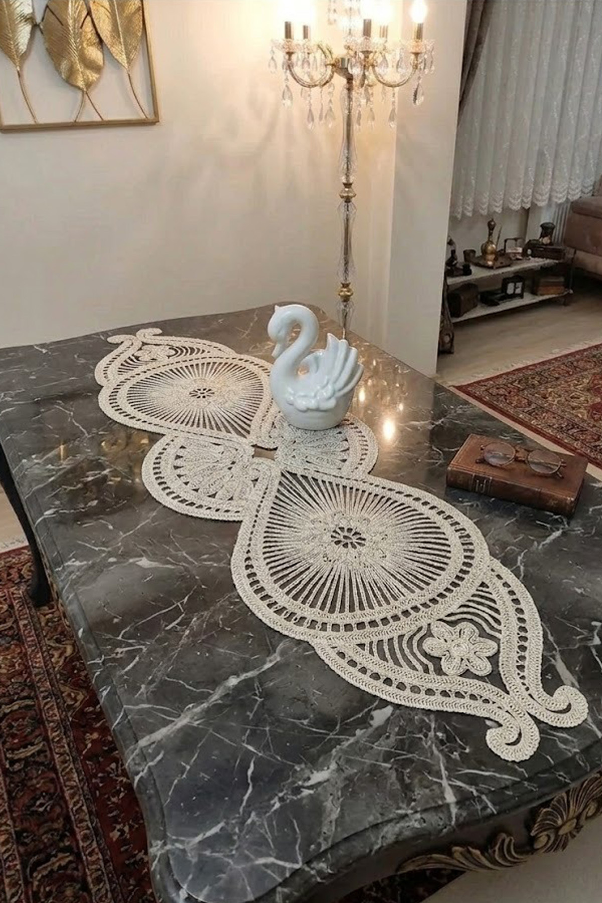 Fransız Dantel Detaylı Tek Runner, Masa Üzerine Runner, Masa Örtüsü Runneri