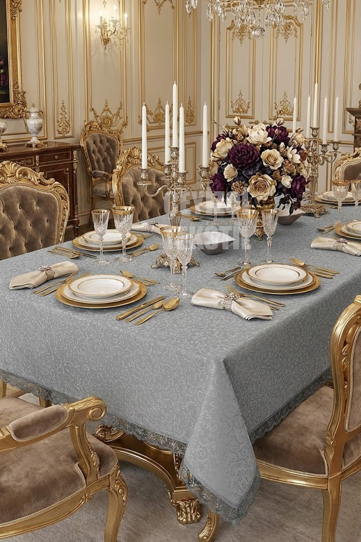 Fransız Güpürlü Masa Örtüsü Gri 120x160cm Tablecloth