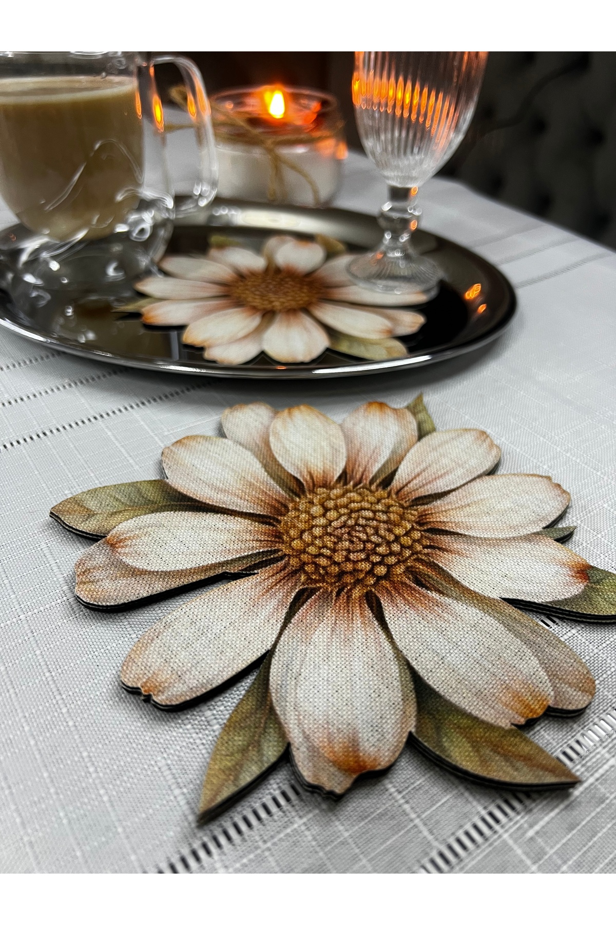 6 Adet Vintage Papatya Tasarım Lazer Kesim Kokteyl & Sunum Peçetesi