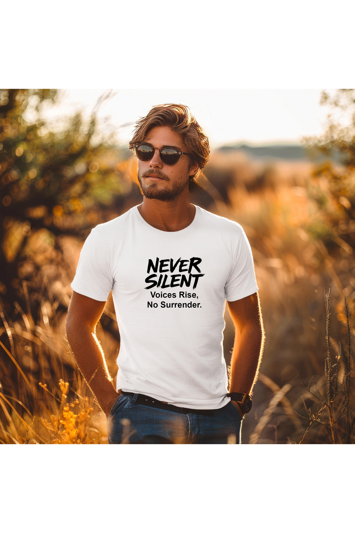 ERKEK BASKILI TİŞÖRT - NEVER SİLENT YAZILI, RELAXED FİT RAHAT KALIP | HUBERY